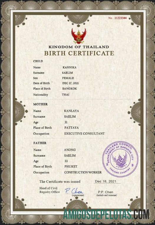 Realista modelo PSD de certidão de nascimento de registro vital da Tailândia